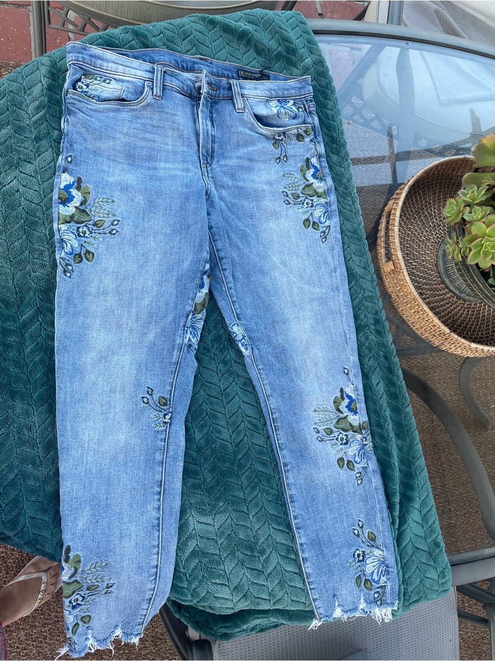 Blank NYC Light Blue Straight Leg Jeans with Blue & Green Floral Embroidery - Picture 2 of 8